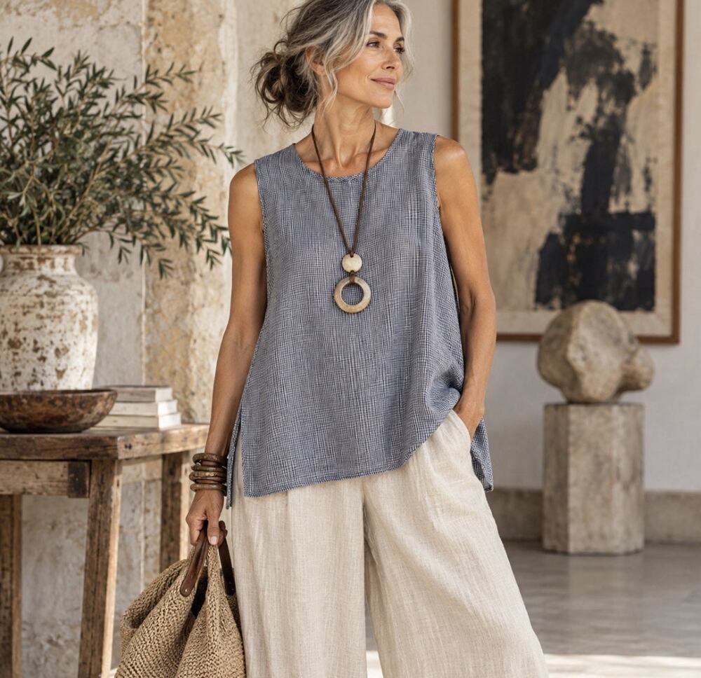 FLAX Linen Tank Top L Navy White Gingham Check Lagenlook Sleeveless Relaxed